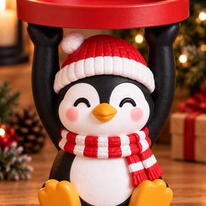 May include: A decorative penguin figurine featuring a black and white body, orange feet, and a yellow beak. The penguin wears a red and white knit-style hat and scarf, and its raised arms support a circular, flat red tray on its head.