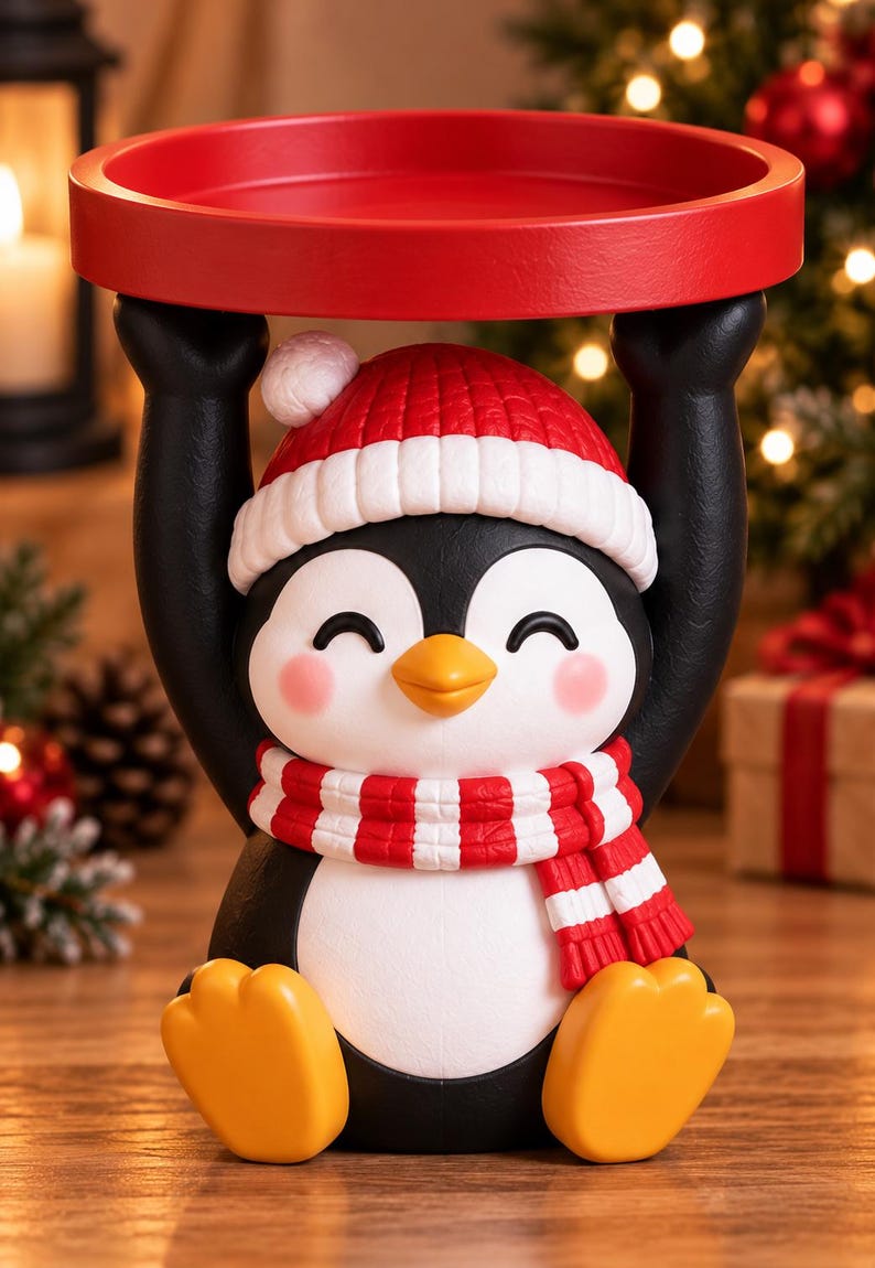 May include: A decorative penguin figurine featuring a black and white body, orange feet, and a yellow beak. The penguin wears a red and white knit-style hat and scarf, and its raised arms support a circular, flat red tray on its head.