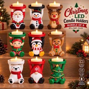 May include: A set of nine Christmas LED candle holders featuring figures of Santa, a snowman, reindeer, elf, penguin, gingerbread person, polar bear, gnome, and Christmas tree, each holding a tea light. Text reads Christmas LED Candle Holders.