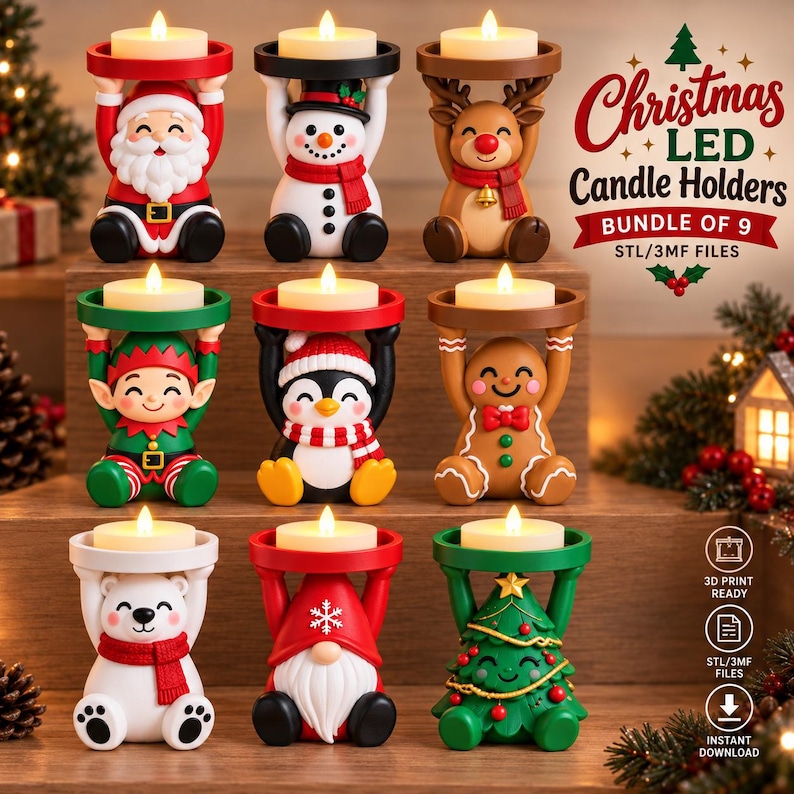 May include: A set of nine Christmas LED candle holders featuring figures of Santa, a snowman, reindeer, elf, penguin, gingerbread person, polar bear, gnome, and Christmas tree, each holding a tea light. Text reads Christmas LED Candle Holders.
