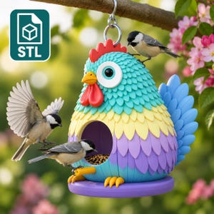 May include: A multi-coloured, chicken-shaped birdhouse with a teal, yellow, purple, and blue design. The birdhouse has a red comb and wattle, and a round opening for birds. Three small birds perch on the birdhouse, and the text "STL" is in the upper left corner.