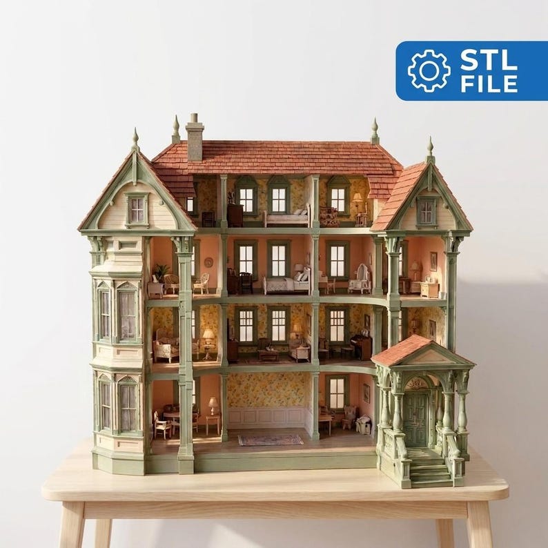 Puede incluir: Una casa de mu&ntilde;ecas de varios pisos con techo de tejas rojas, molduras verde salvia y revestimiento color crema. La estructura cuenta con varias habitaciones amuebladas, ventanas y un porche con escaleras. Icono azul con STL FILE.