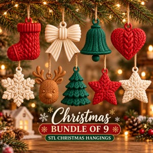 May include: A set of nine hanging Christmas ornaments featuring a red stocking, white bow, green bell, red heart, white snowflake, brown reindeer, green tree, red star, and white star. Text reads: Christmas BUNDLE OF 9 STL CHRISTMAS HANGINGS.