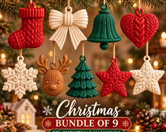 Puede incluir: Un conjunto de nueve adornos navideños colgantes que incluyen un calcetín rojo, un lazo blanco, una campana verde, un corazón rojo, un copo de nieve blanco, un reno marrón, un árbol verde, una estrella roja y una blanca. Texto: Christmas BUNDLE OF 9 STL CHRISTMAS HANGINGS.