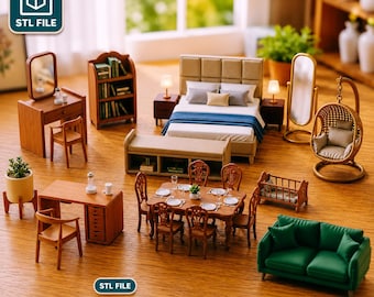 Paquete de archivos STL de muebles para casa de muñecas / Conjunto de dos habitaciones en miniatura (19 archivos) / Decoración para casa de muñecas