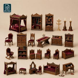 Peut inclure: Une collection de meubles miniatures en bois, comprenant un lit, des chaises, des tables et des armoires. Les meubles sont finement sculptés et présentent une finition en bois foncé avec des accents de velours rouge. Le tout sur fond neutre.