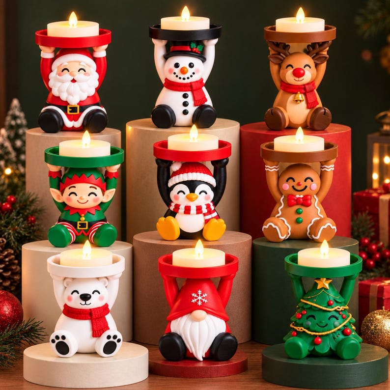 May include: A collection of nine resin candle holders featuring Christmas characters including Santa, a snowman, a reindeer, an elf, a penguin, a gingerbread person, a polar bear, a gnome, and a tree, each holding a white tea light candle.