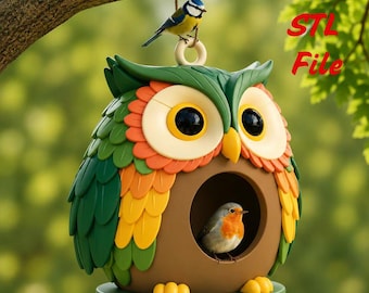 Casita para pájaros y comedero para pájaros con forma de búho (archivo STL) / Decoración de jardín original (descarga digital) / Casita para pájaros imprimible en 3D