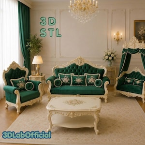 Puede incluir: Un lujoso juego de sala de estar con un sofá de terciopelo verde, un sillón y un sofá de dos plazas con marcos de madera color crema ornamentados. El juego incluye cojines con estampado floral y una mesa de centro a juego. La habitación está decorada con una lámpara de araña y cortinas verdes.