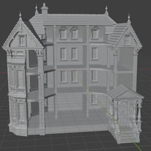 Puede incluir: Un modelo digital 3D gris de tres pisos de una casa con dise&ntilde;o de frente abierto, que presenta m&uacute;ltiples ventanas, un techo a dos aguas con remates decorativos y un porche con escaleras, sobre un fondo de cuadr&iacute;cula oscuro.
