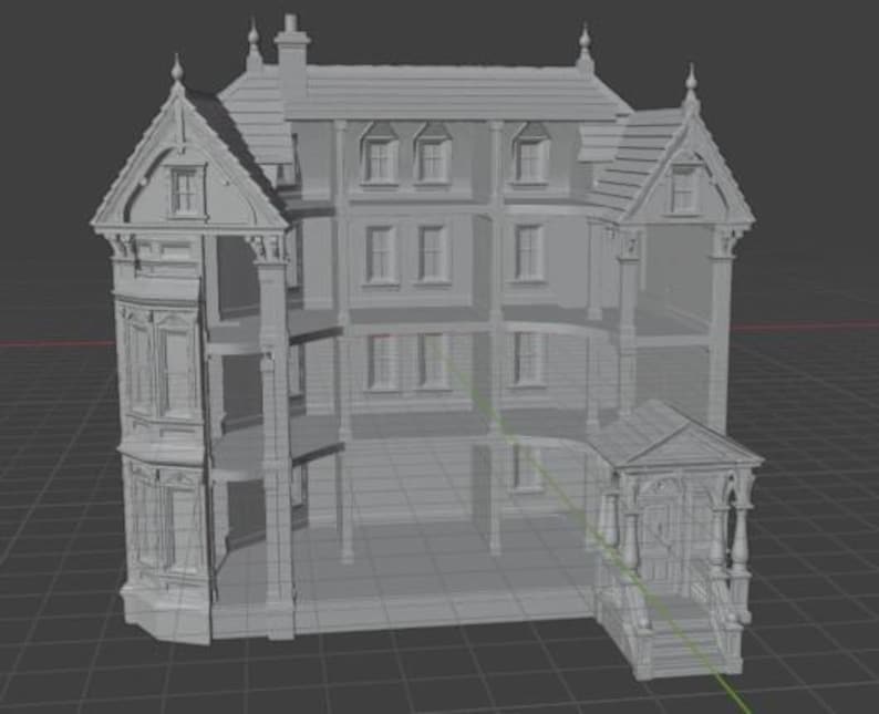 Puede incluir: Un modelo digital 3D gris de tres pisos de una casa con dise&ntilde;o de frente abierto, que presenta m&uacute;ltiples ventanas, un techo a dos aguas con remates decorativos y un porche con escaleras, sobre un fondo de cuadr&iacute;cula oscuro.