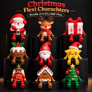 May include: A collection of nine Christmas-themed articulated figures including Santa, a reindeer, a gift box, a pudding, a gnome, a star, a nutcracker, a gingerbread house, and a tree. Text reads: Christmas Flexi Charachters Bundle of 9 STL/3MF Files.