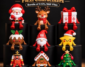 May include: A collection of nine Christmas-themed articulated figures including Santa, a reindeer, a gift box, a pudding, a gnome, a star, a nutcracker, a gingerbread house, and a tree. Text reads: Christmas Flexi Charachters Bundle of 9 STL/3MF Files.