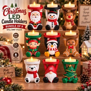 May include: A set of nine Christmas-themed LED candle holders featuring figures of Santa, a snowman, a reindeer, an elf, a penguin, a gingerbread person, a polar bear, a gnome, and a Christmas tree, each holding a small white LED candle.