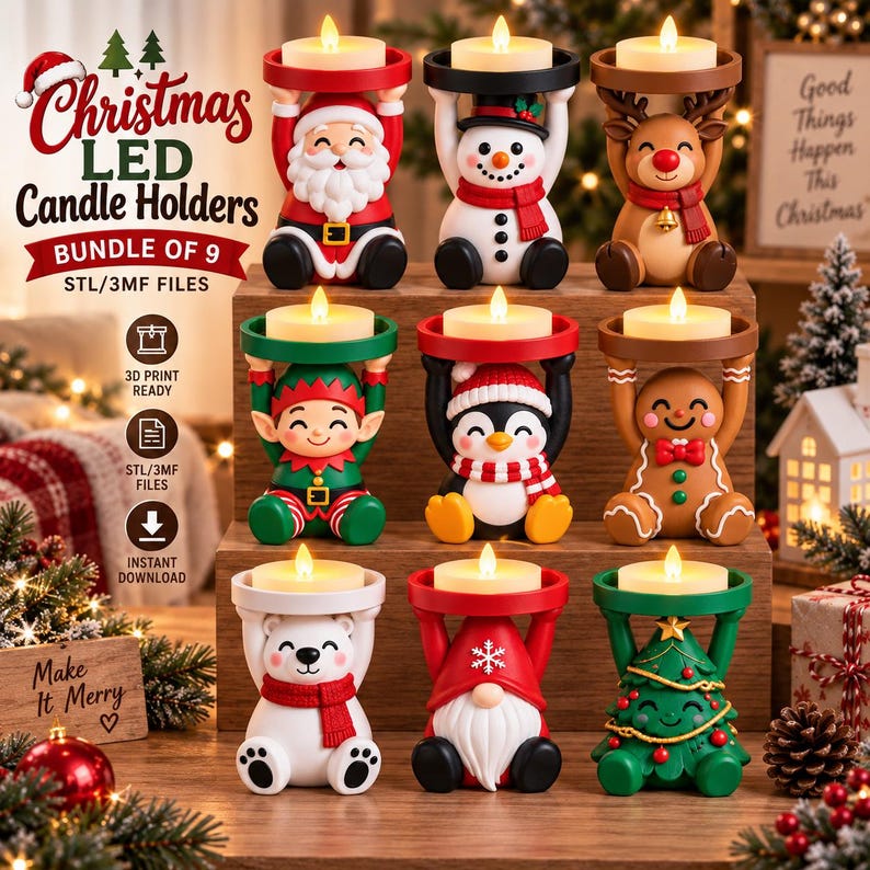 May include: A set of nine Christmas-themed LED candle holders featuring figures of Santa, a snowman, a reindeer, an elf, a penguin, a gingerbread person, a polar bear, a gnome, and a Christmas tree, each holding a small white LED candle.