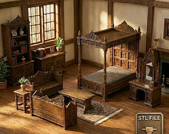 Gothic Dollhouse Furniture STL Bundle | 3D Printable Miniature Medieval Set Instant Download