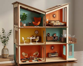 Modern Dollhouse STL File | 3D Printable Mid-Century Miniature House Instant Download