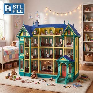 Puede incluir: Una casa de mu&ntilde;ecas grande de varios pisos con paredes exteriores amarillas, adornos en color verde azulado y un techo azul. La estructura incluye varias habitaciones, ventanas y un porche con una puerta roja. Icono STL FILE visible.