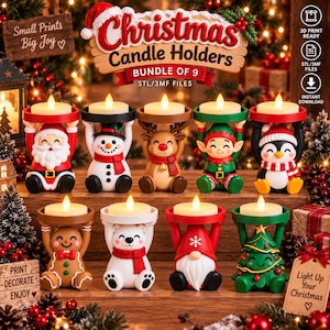 May include: A digital bundle of nine Christmas candle holders featuring festive characters including Santa Claus, a snowman, a reindeer, an elf, a penguin, a gingerbread person, a polar bear, a gnome, and a Christmas tree, all holding tea lights.