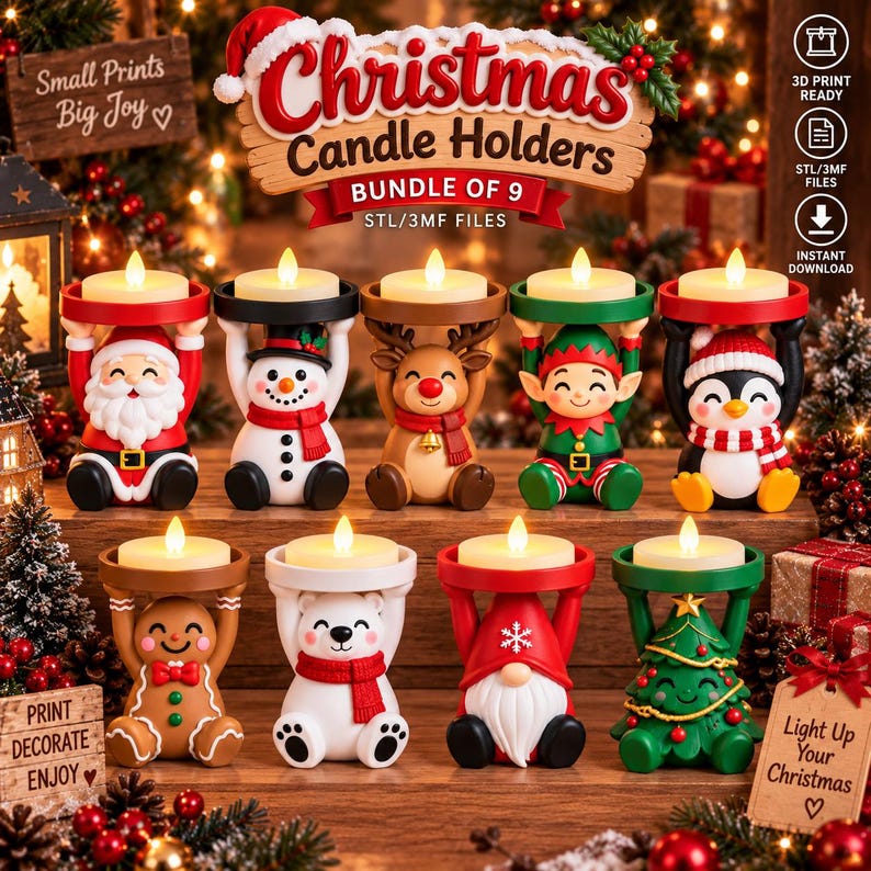 May include: A digital bundle of nine Christmas candle holders featuring festive characters including Santa Claus, a snowman, a reindeer, an elf, a penguin, a gingerbread person, a polar bear, a gnome, and a Christmas tree, all holding tea lights.