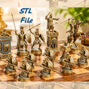 May include: A bronze chess set with detailed figures of ancient warriors, including soldiers with spears, shields, and a knight on horseback. The set is displayed on a wooden chessboard. The text "STL File" is visible.