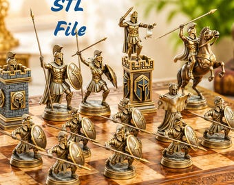 May include: A bronze-colored chess set featuring detailed figures of ancient warriors, including soldiers with spears, shields, and a knight on horseback. The set is displayed on a wooden chessboard. The text "STL File" is visible.