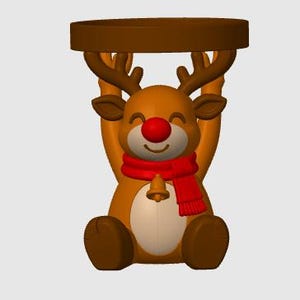 May include: A brown reindeer figurine with a bright red nose, wearing a red scarf with a small bell attached. The reindeer is sitting down with its arms raised above its head, supporting a circular brown tray or platform on its antlers.