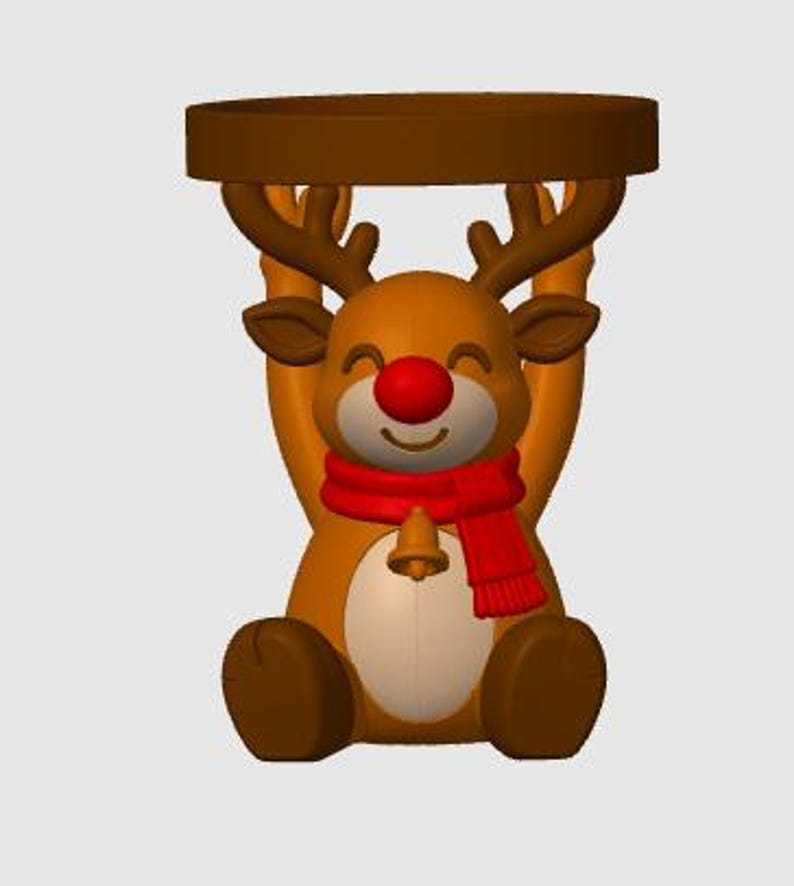 May include: A brown reindeer figurine with a bright red nose, wearing a red scarf with a small bell attached. The reindeer is sitting down with its arms raised above its head, supporting a circular brown tray or platform on its antlers.
