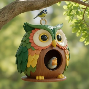 May include: A whimsical owl-shaped birdhouse with a perched blue and yellow bird. The birdhouse features a wooden appearance with a round entrance and is adorned with green, orange, and yellow accents. A second bird sits inside the birdhouse.