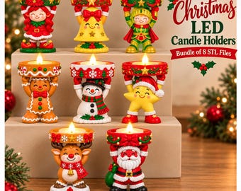 May include: Eight Christmas LED candle holders featuring festive characters including an elf, a bell, a soldier, a gingerbread person, a snowman, a star, a reindeer, and Santa Claus, each holding a circular tray with a glowing tea light candle.