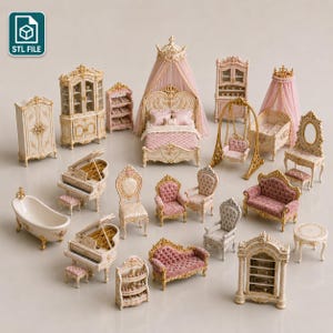 May include: A selection of miniature dollhouse furniture in a Rococo style. The set includes a bed, armoires, chairs, a sofa, a piano, a bathtub, and a crib. The furniture is cream-coloured with gold accents and pink upholstery. The image includes the text "STL FILE".