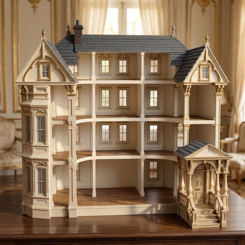 Puede incluir: Una casa de mu&ntilde;ecas de varios pisos con exterior color crema y detalles dorados, techo de tejas gris oscuro y un porche delantero prominente con escaleras. La estructura incluye varias habitaciones abiertas con ventanas, suelos de madera y columnas.
