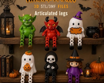 Halloween Articulated Flexi Shelf Sitter STL/3MF Bundle | 3D Printable Ghost Witch Devil Set Download