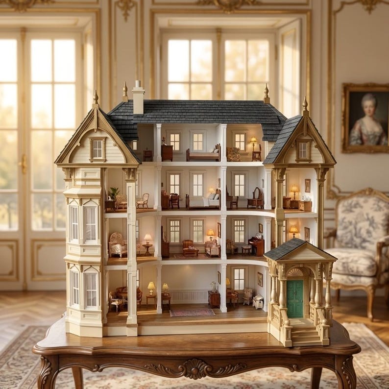 Puede incluir: Una casa de mu&ntilde;ecas de varios pisos con techo de tejas gris oscuro, paredes exteriores de color crema y adornos dorados. La estructura cuenta con varias habitaciones abiertas amuebladas con piezas en miniatura y una puerta de entrada verde.