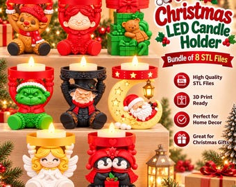 May include: A collection of eight Christmas LED candle holders featuring figures including a reindeer, a person, a teddy bear on gifts, a green character, a man in a top hat, a sleeping Santa on a moon, an angel, and two penguins.