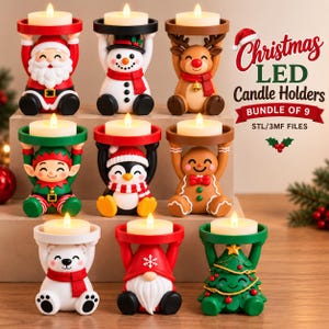 May include: A bundle of nine Christmas LED candle holders featuring figures of Santa, a snowman, a reindeer, an elf, a penguin, a gingerbread person, a polar bear, a gnome, and a tree, each holding a lit white tea light candle above their head.