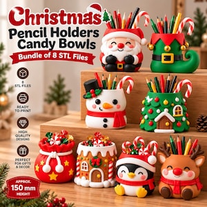 Peut inclure: Un ensemble de 8 porte-crayons et bols à bonbons sur le thème de Noël avec des motifs de Père Noël, bonhomme de neige, renne, pingouin et maison en pain d'épices. Le texte indique Christmas Pencil Holders Candy Bowls Bundle of 8 STL Files.