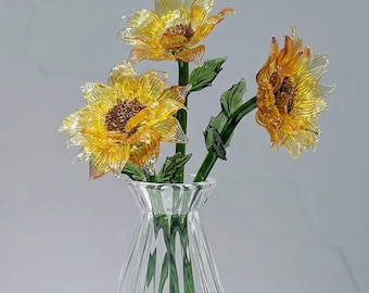 Handblåst glas solros - Gul kristallblomma skulptur för kontorsdekor, Tänker på dig present, Konstblomsterkonst, Sommarhem accent