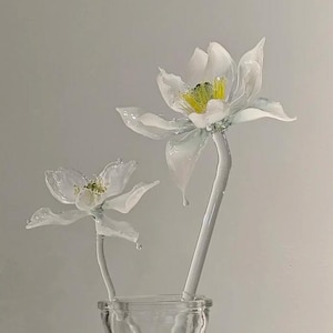 Handblown White Lotus Glass Sculpture, Translucent Water Lily Art, Zen Home Decor A+B