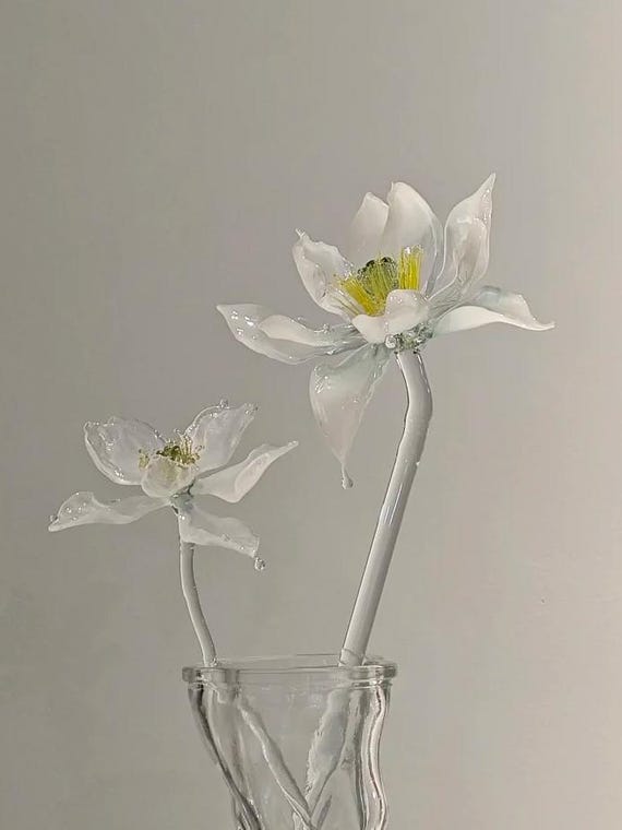 Handblown White Lotus Glass Sculpture, Translucent Water Lily Art, Zen Home Decor