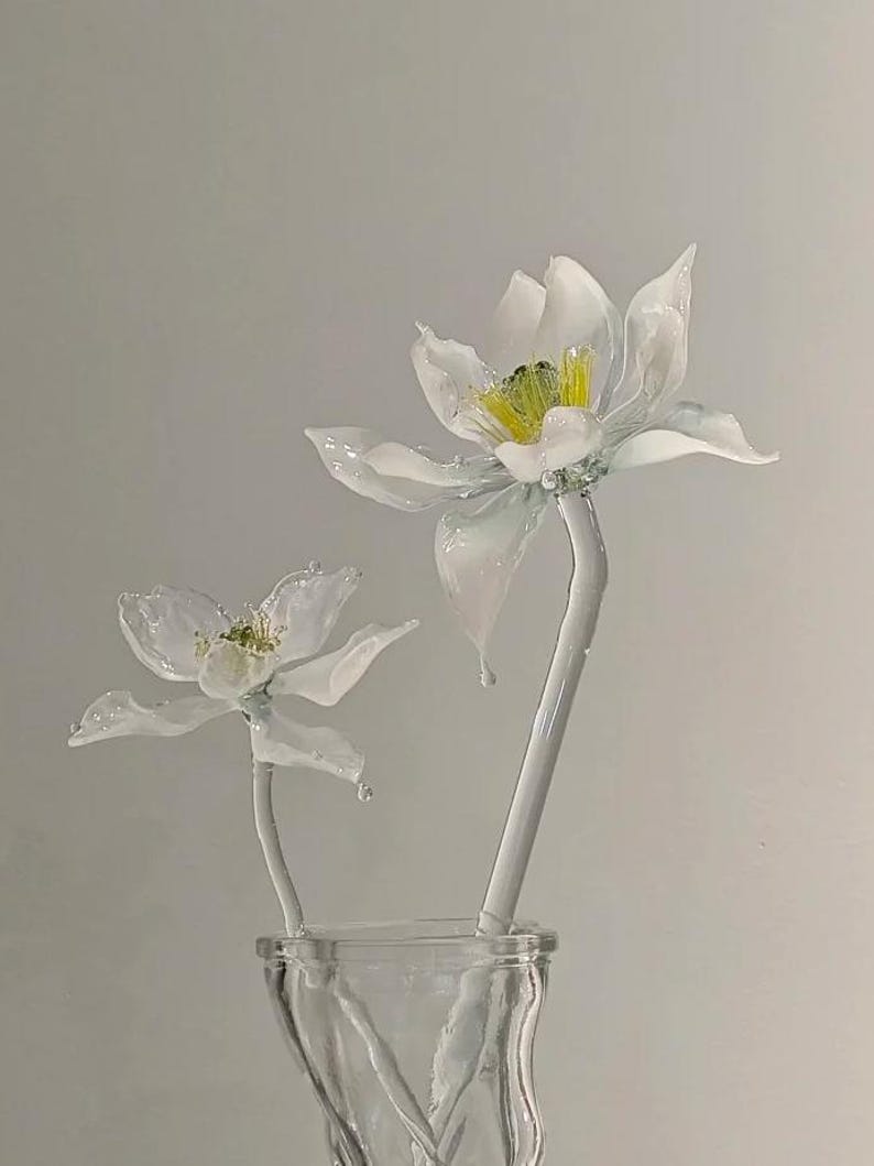 Handblown White Lotus Glass Sculpture, Translucent Water Lily Art, Zen Home Decor A+B
