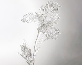 Clear Handblown Glass Iris Flower-Minimalist Crystal Sculpture for Wedding Table Decor-Graduation Keepsake-Wedding Season Gift