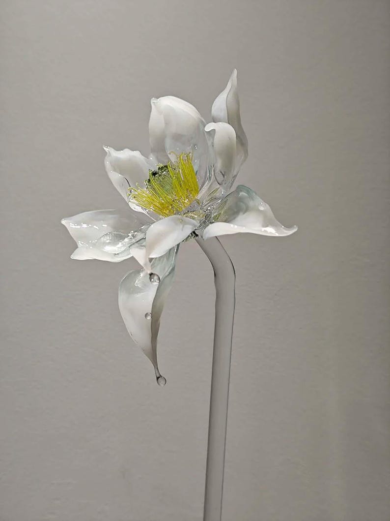 May include: A handcrafted glass flower sculpture featuring delicate white petals with translucent edges and a vibrant yellow center. The flower is attached to a clear, slender glass stem, creating a realistic botanical representation made from glass.
