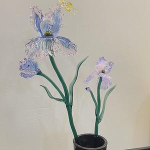 Peut inclure: Une sculpture en verre représentant deux fleurs d'iris bleu et violet clair avec des tiges et des feuilles vertes, placée dans un vase cylindrique noir. Un petit papillon en verre jaune translucide est posé sur le pétale supérieur de l'iris.