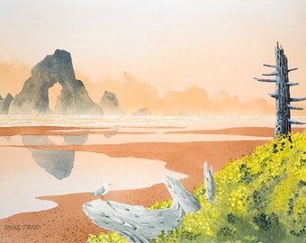 This is an archival print of a painting by Mike Frary called Indian Beach. One of a series of Oregon coast paintings.