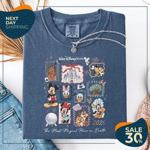 A blue t-shirt with a collage of Disney characters and a tagline "The Most Magical Place on Earth" is displayed, along with a sale tagline "SALE 30%".