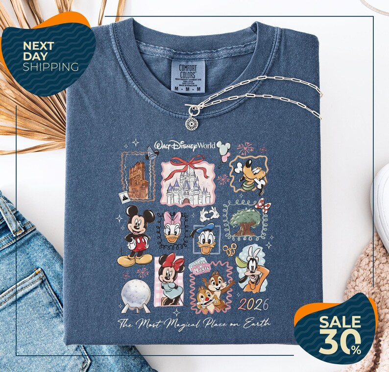 A blue t-shirt with a collage of Disney characters and a tagline "The Most Magical Place on Earth" is displayed, along with a sale tagline "SALE 30%".