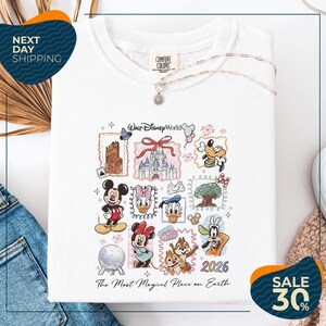 a white t-shirt with a collage of Disney characters and a year, along with a price tag and a sale promotion.