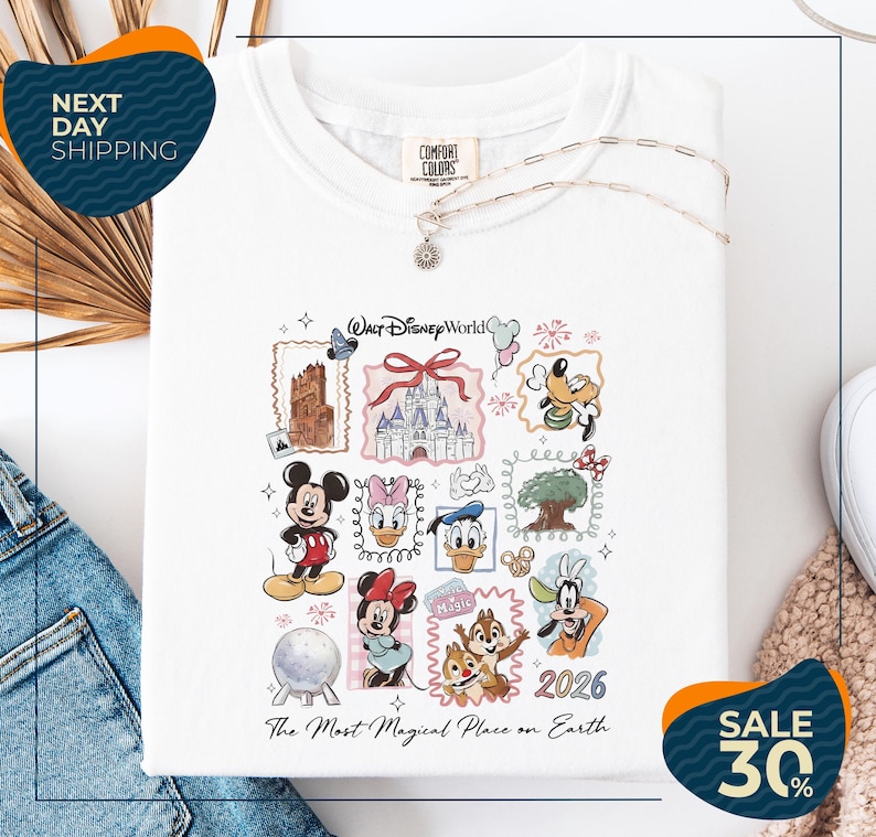 a white t-shirt with a collage of Disney characters and a year, along with a price tag and a sale promotion.