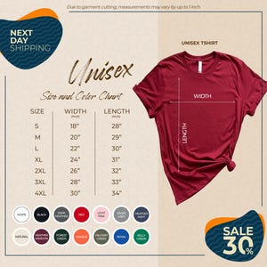 The image is a promotional graphic for a clothing brand, specifically a unisex t-shirt. It features a red t-shirt with measurements and color options displayed, along with a sale promotion.